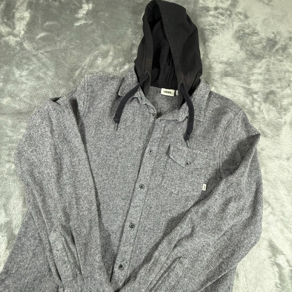 Vans Men's Small Black Gray Hooded Flannel Collared Button Up Shirt Jacket